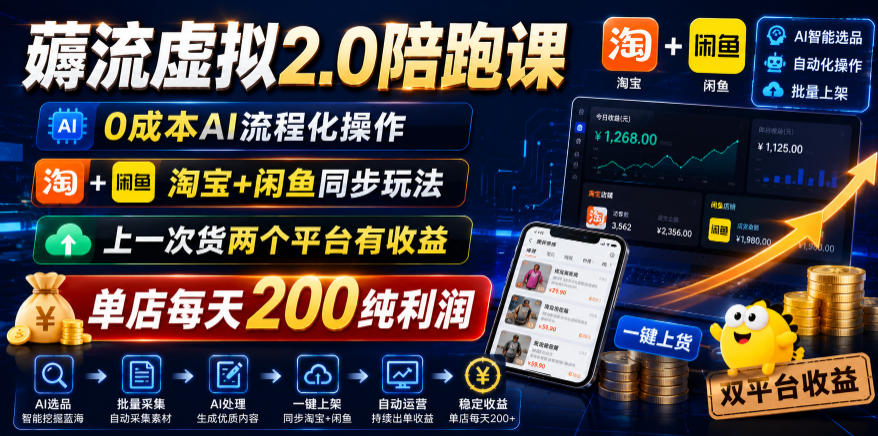 薅流虚拟2.0陪跑课，0成本AI流程化操作，淘宝+闲鱼同步玩法，上一次货两个平台有收益，单店每天200纯利润-源创文化-轻创终点站