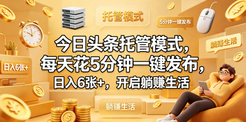 今日头条托管模式，每天花5分钟一键发布，日入6张+，开启躺賺生活【揭秘】-源创文化-轻创终点站
