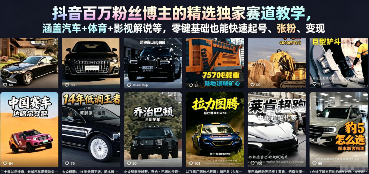 抖音百万粉丝博主的精选独家赛道教学，涵盖汽车+体育+影视解说等，零基础也能快速起号、涨粉、变现-源创文化-轻创终点站