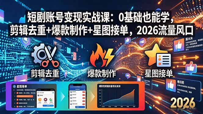 短剧账号变现实战课：0基础也能学，剪辑去重+爆款制作+星图接单，2026流量风口-源创文化-轻创终点站