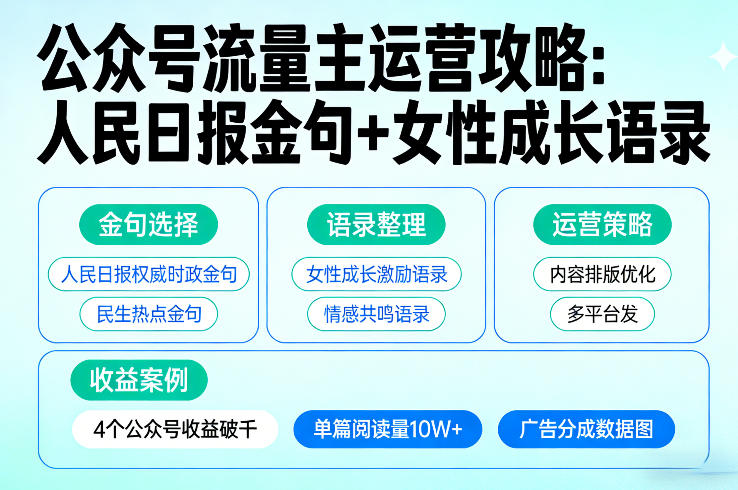 利用人民日报金句+女性成长语录做公众号流量主,4个公众号收益破千-源创文化-轻创终点站